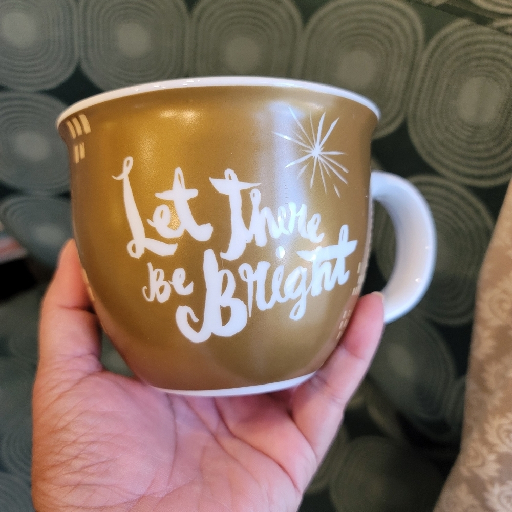Starbucks Gold Coffee Soup Cup Mug 2014 “Let There Be Bright” Collectible 14 Oz